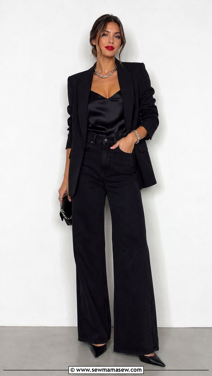 Wide Leg Jeans With a Monochrome Black Blazer Outfit - 25 Wide leg jeans outfit ideas with a blazer