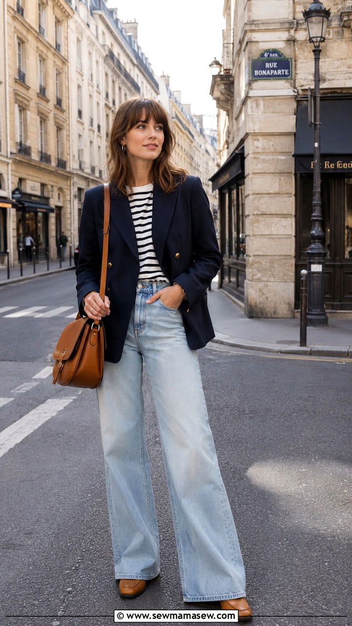 Wide Leg Jeans With a Navy Blazer and Striped Top - 25 Wide leg jeans outfit ideas with a blazer