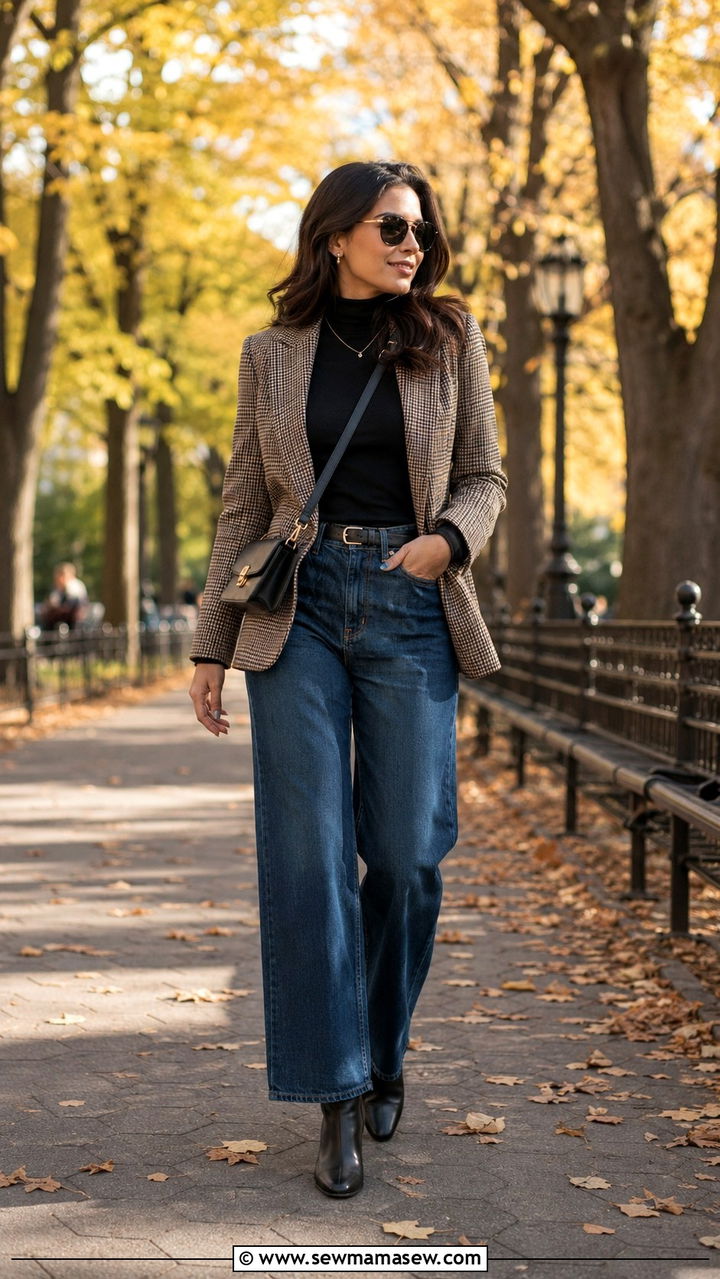 Wide Leg Jeans With a Plaid Blazer and Ankle Boots - 25 Wide leg jeans outfit ideas with a blazer