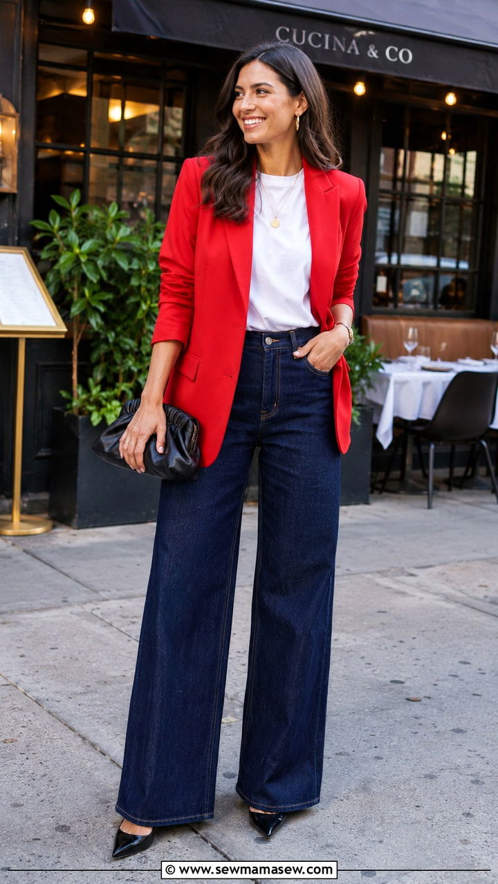 Wide Leg Jeans With a Red Statement Blazer - 25 Wide leg jeans outfit ideas with a blazer