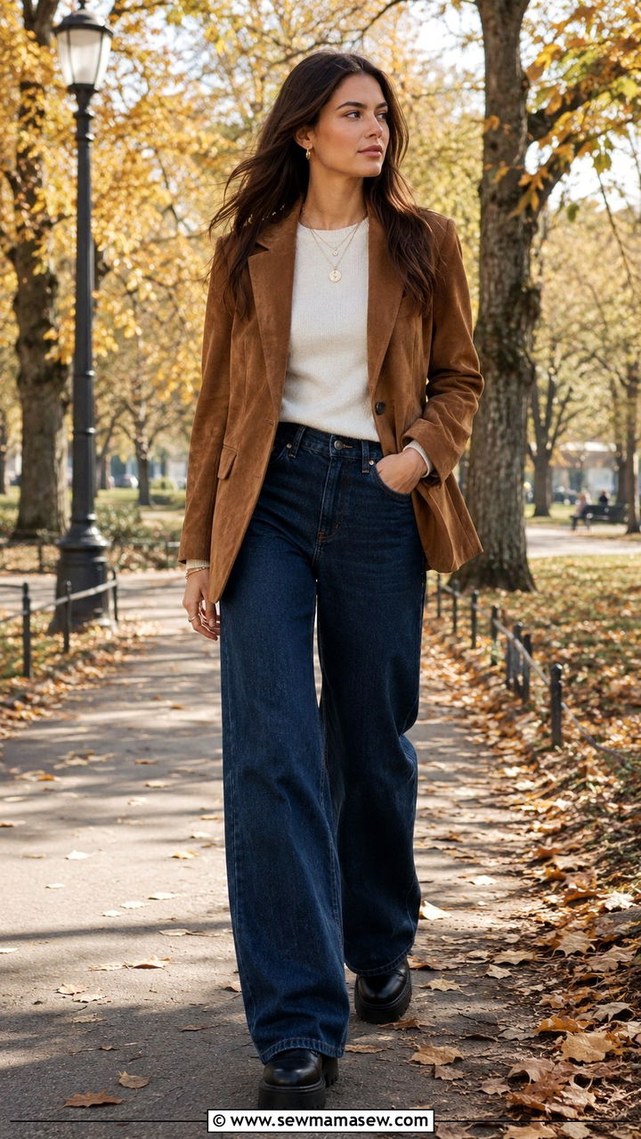 Wide Leg Jeans With a Suede Blazer and Platform Boots - 25 Wide leg jeans outfit ideas with a blazer