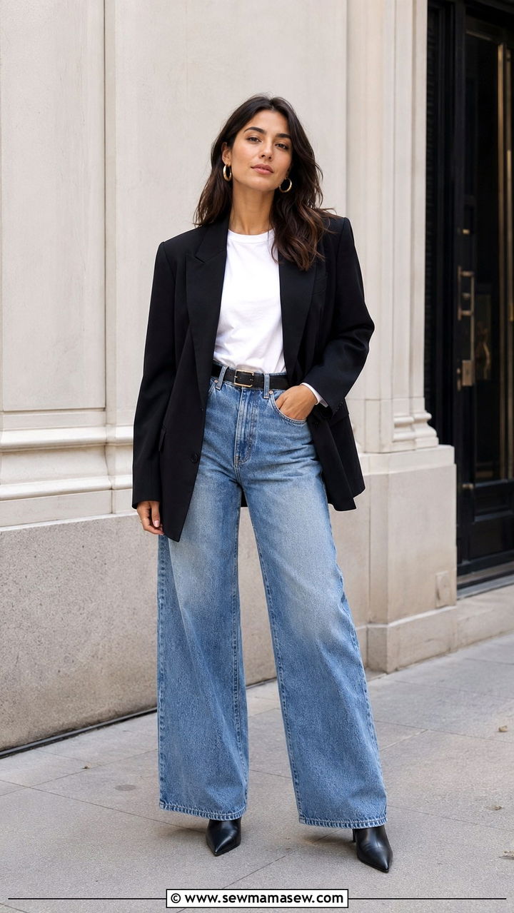 Wide Leg Jeans With an Oversized Black Blazer - 25 Wide leg jeans outfit ideas with a blazer