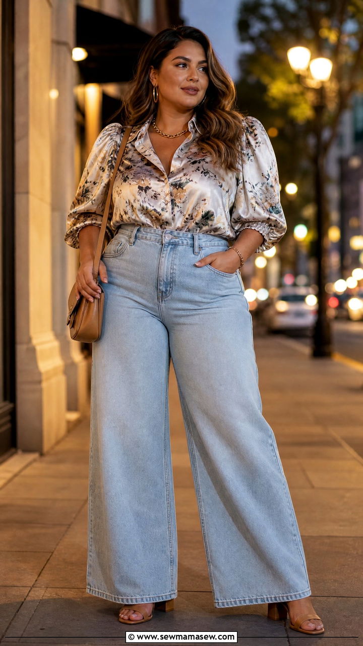 Wide Leg Jeans and Blouse Vacation Outfit - 30 Vacation outfits for curvy women
