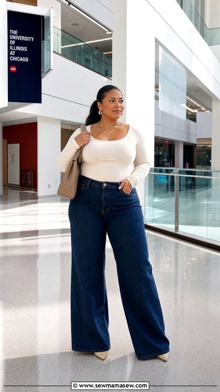 Wide Leg Jeans and Bodysuit College Outfit - 25 College outfit ideas plus size