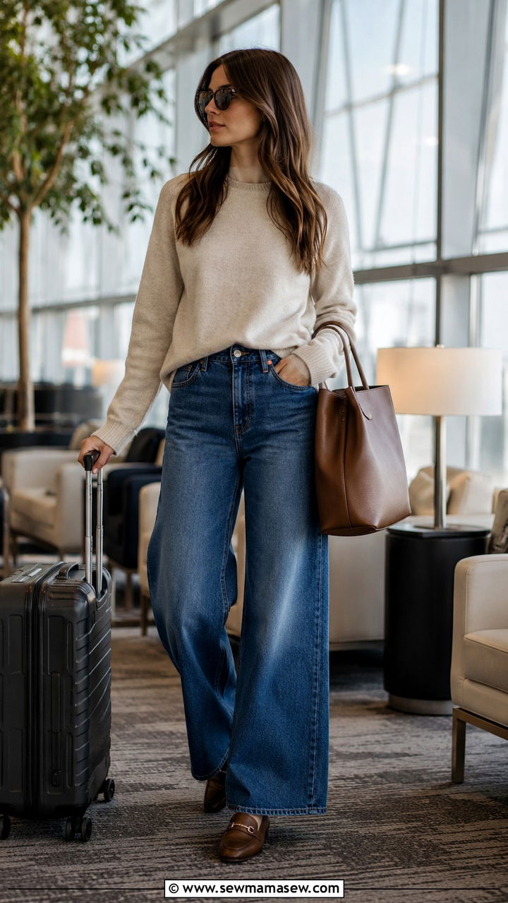 Wide Leg Jeans and Cashmere Sweater Travel Look - 25 Airport outfit ideas for short flight