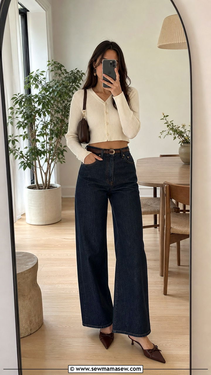 Wide Leg Jeans and Cropped Cardigan with Mules - 40 weekend outfit ideas for women