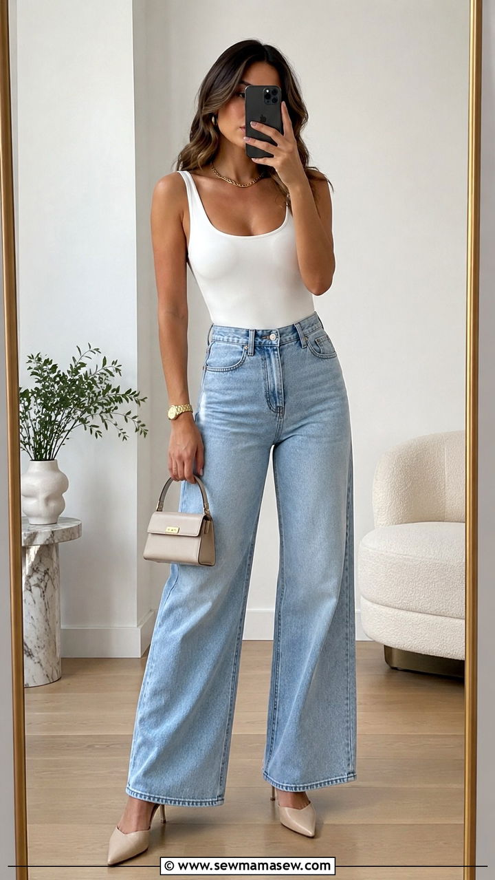 Wide Leg Jeans and Fitted Bodysuit Outfit - 30 brunch outfits ideas