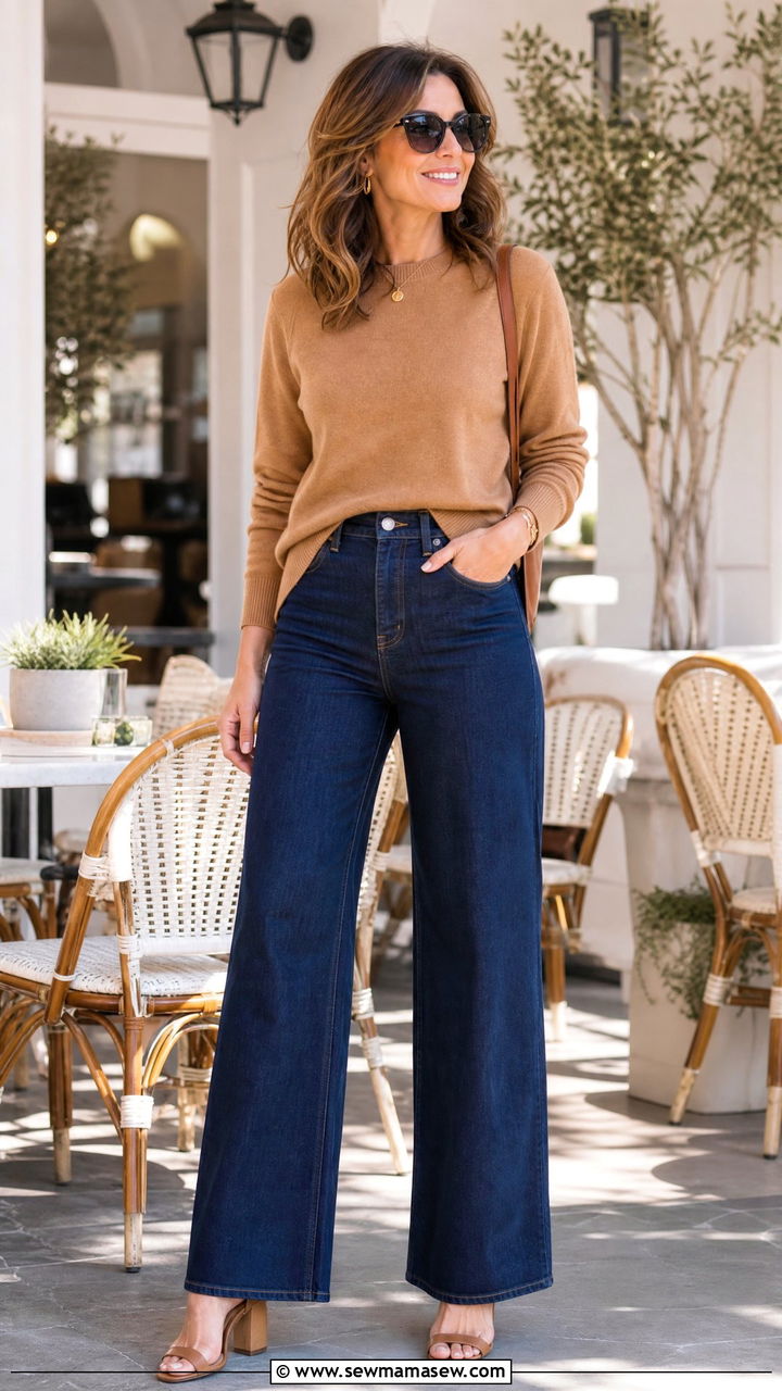 Wide Leg Jeans and Fitted Sweater With Block Heels - 35 Jeans and heels outfit ideas over 40