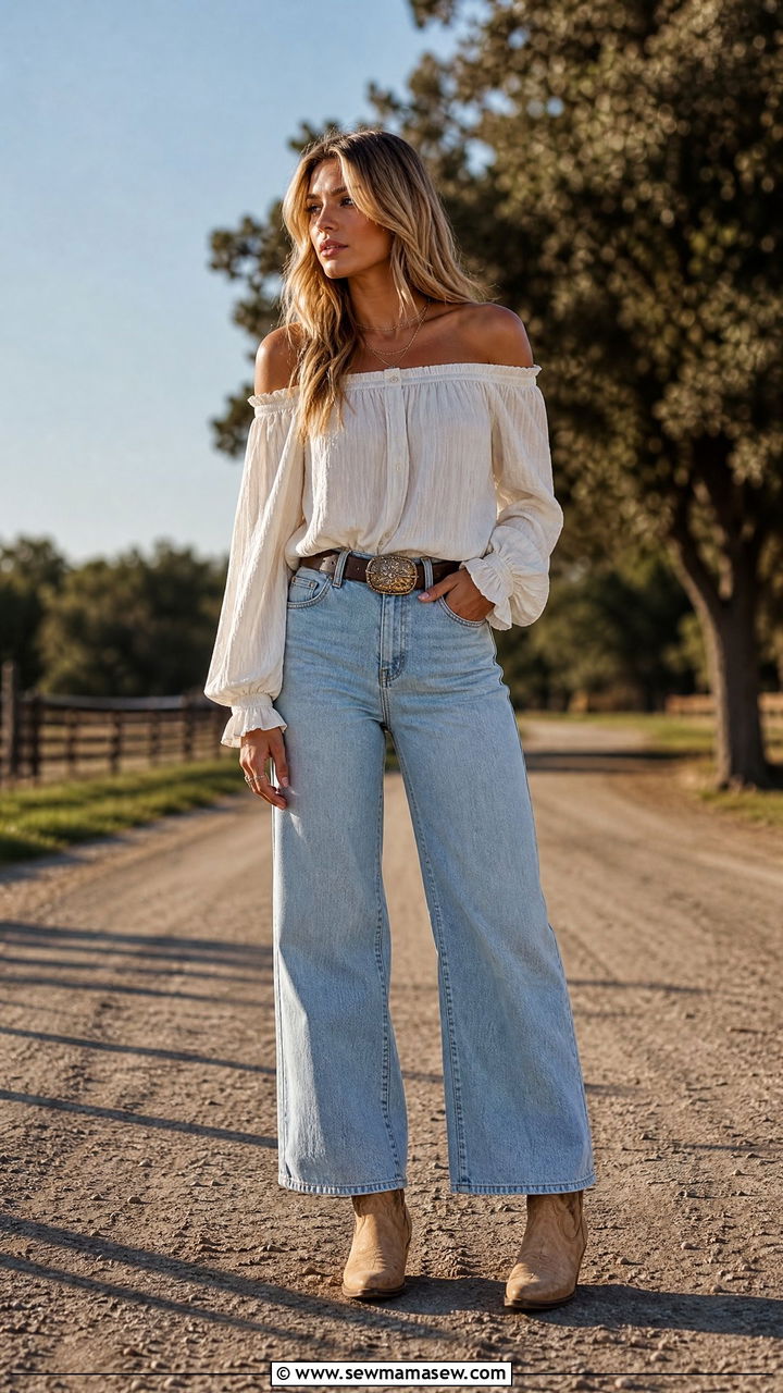 Wide Leg Jeans and Off Shoulder Blouse - 30 Country concert outfit ideas spring