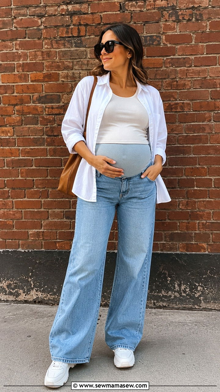 Wide Leg Jeans and Open Button Up Maternity Outfit - 20 Pregnancy announcement photo outfit ideas