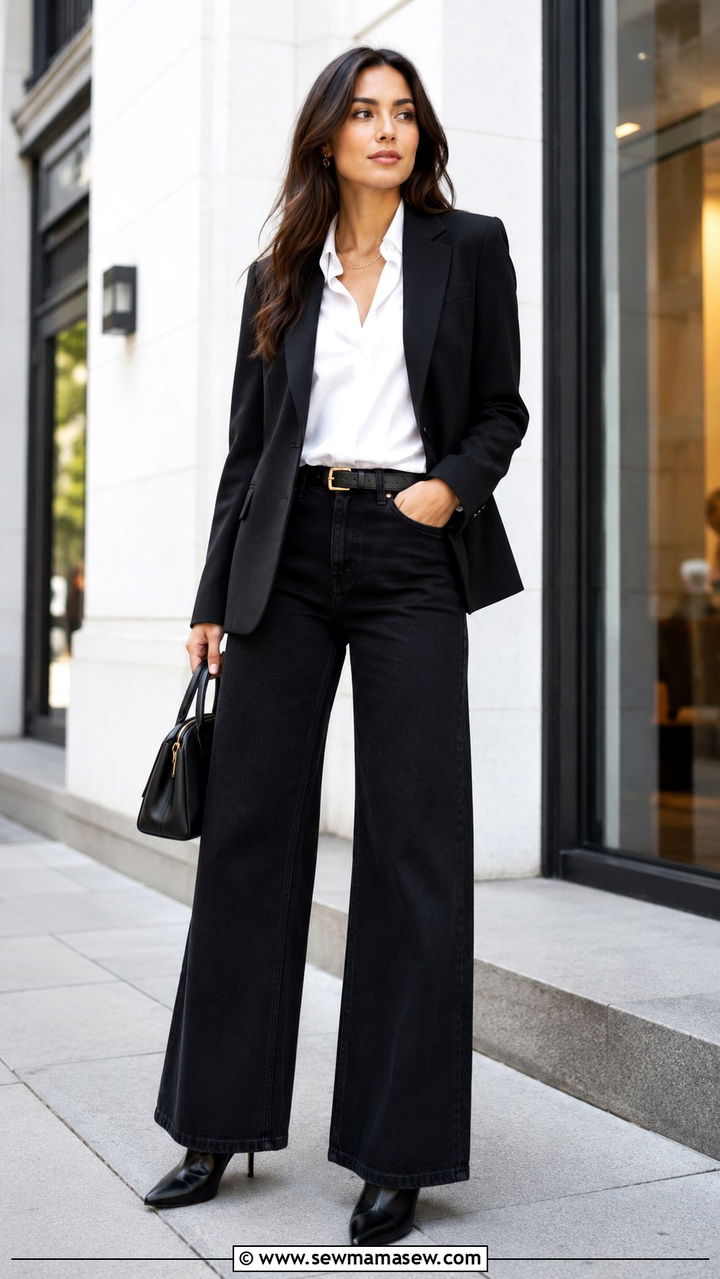 Wide Leg Jeans with Blazer and Heels - 25 Wide leg jeans outfit ideas with heels