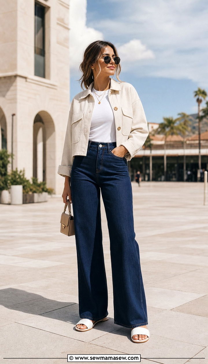 Wide Leg Jeans with Cropped Jacket and White Top - 25 cute windy day outfits