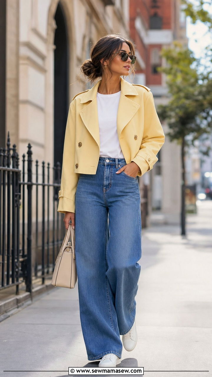 Wide Leg Jeans with Cropped Trench Coat Outfit - 25 Spring fashion ideas