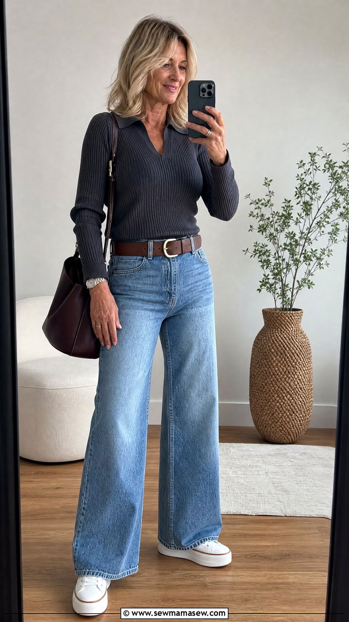 Wide Leg Jeans with Fitted Knit Over 50 - 30 Chic outfit ideas for women over 50