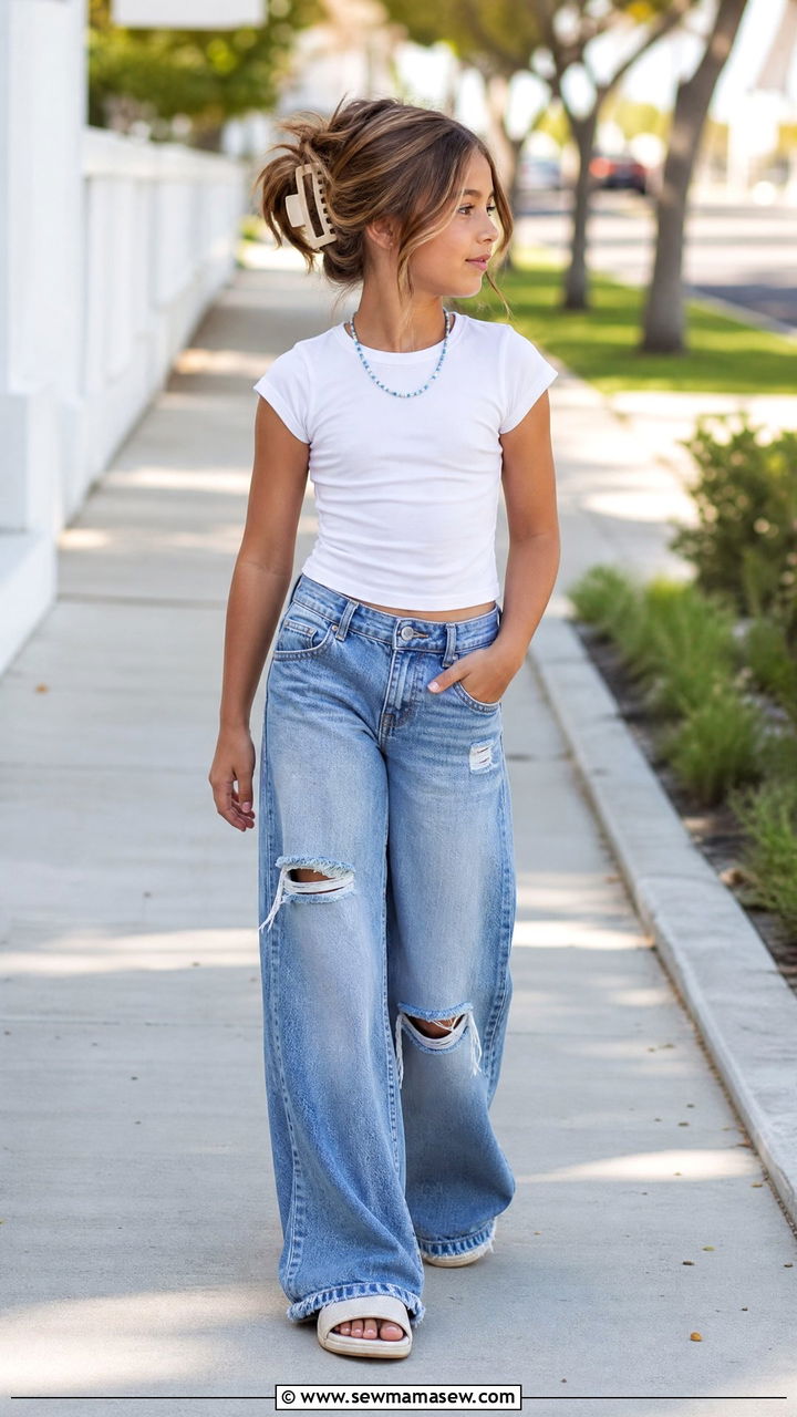 Wide Leg Jeans with Fitted Tee and Slide Sandals - 25 Tween outfit ideas for 10 year olds