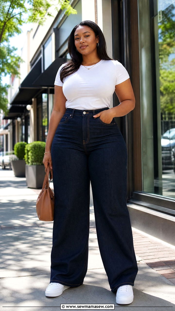 Wide Leg Jeans with Fitted Tee for Wide Hips - 25 casual outfits for women with wide hips