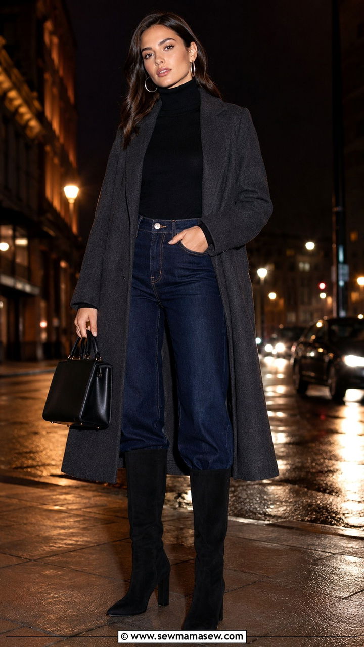 Wide Leg Jeans with Heeled Knee High Boots - 25 Wide leg jeans outfit ideas with boots