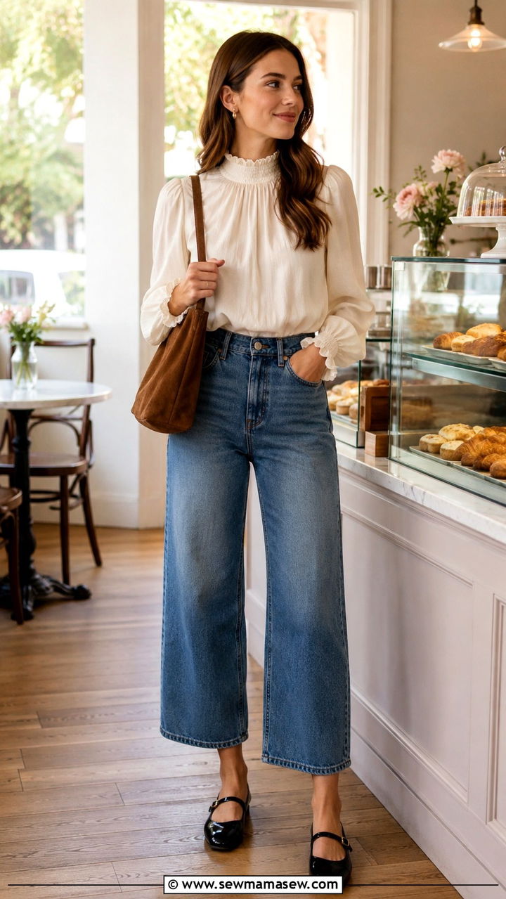 Wide Leg Jeans with Mary Jane Flats Outfit - 30 cute wide leg jeans outfits