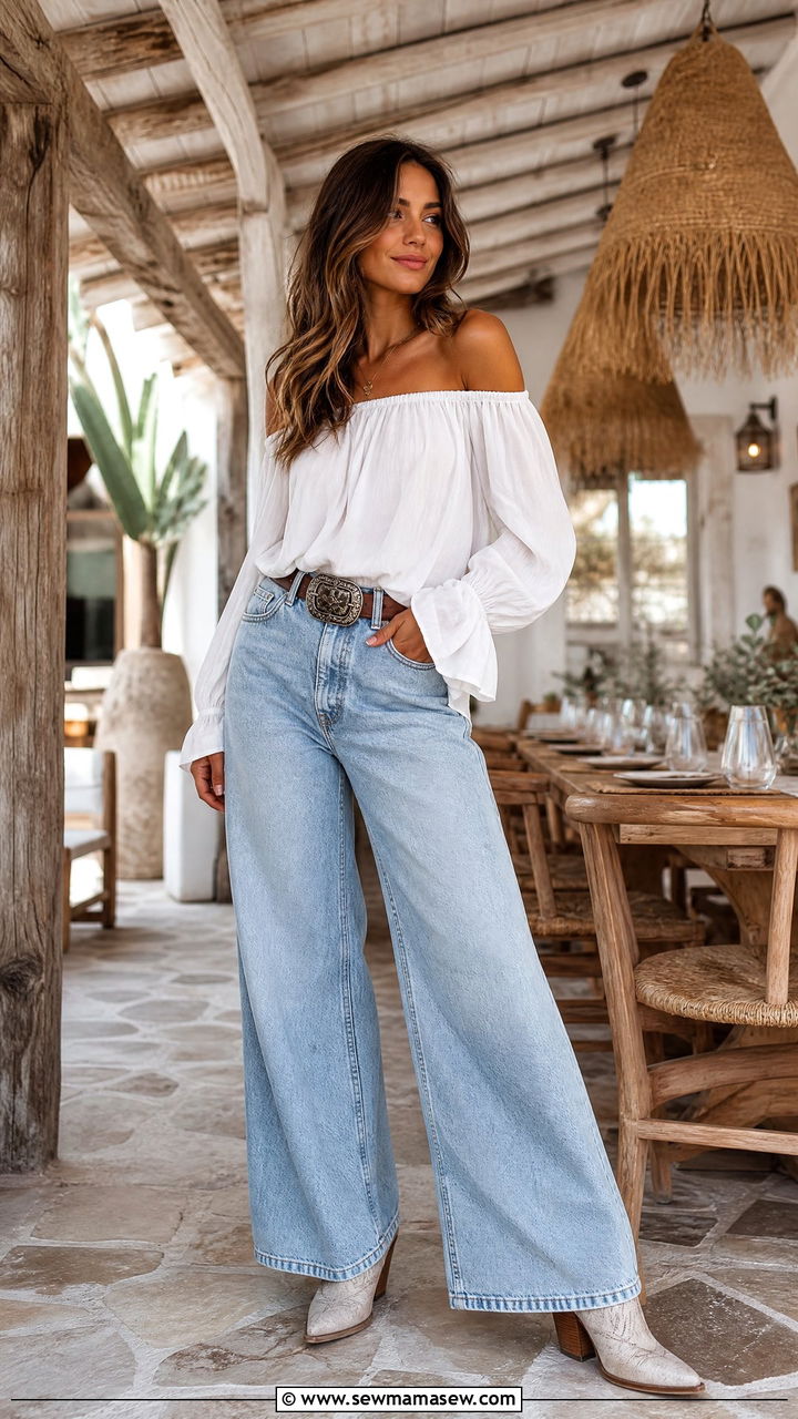 Wide Leg Jeans with Off Shoulder Blouse Outfit - 30 Country spring outfits