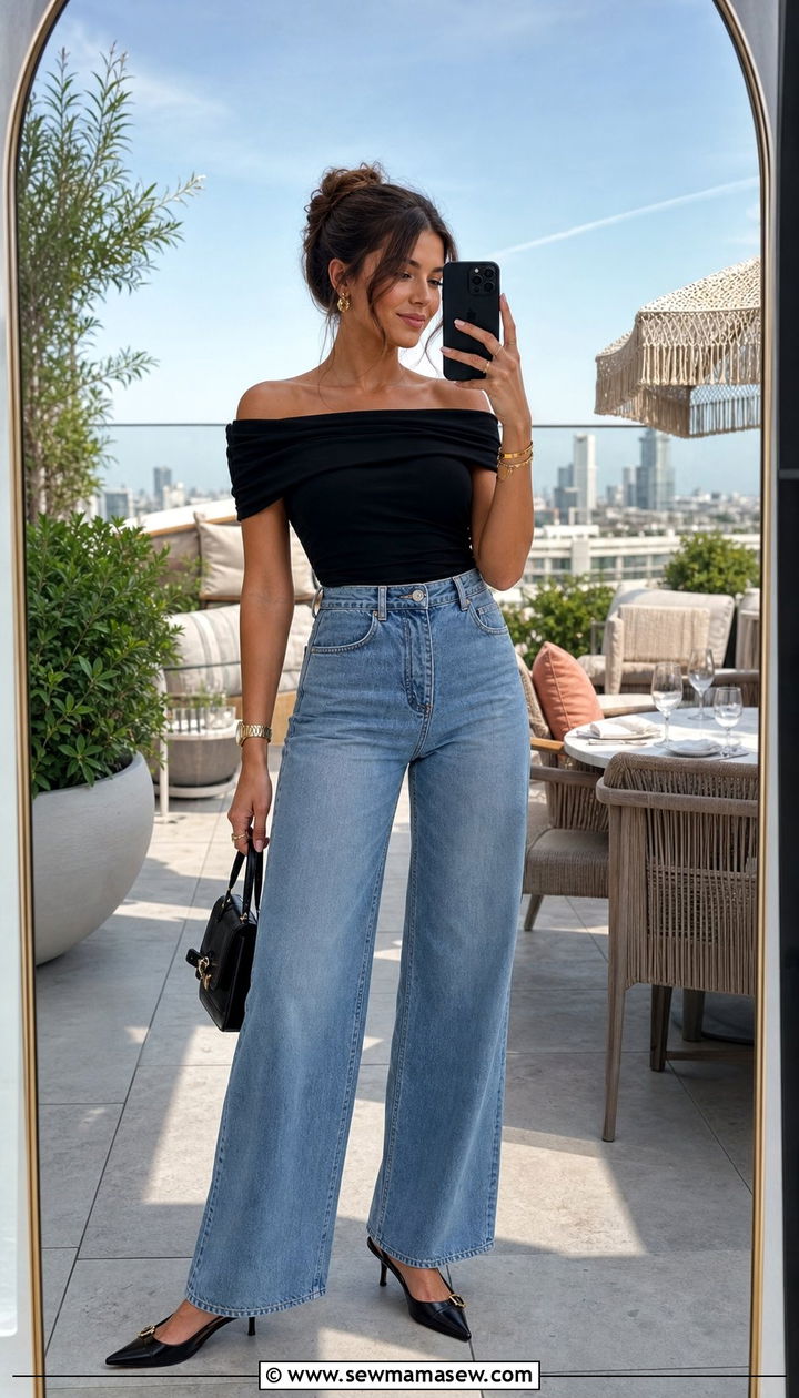 Wide Leg Jeans with Off Shoulder Top - 35 Bottomless brunch outfits