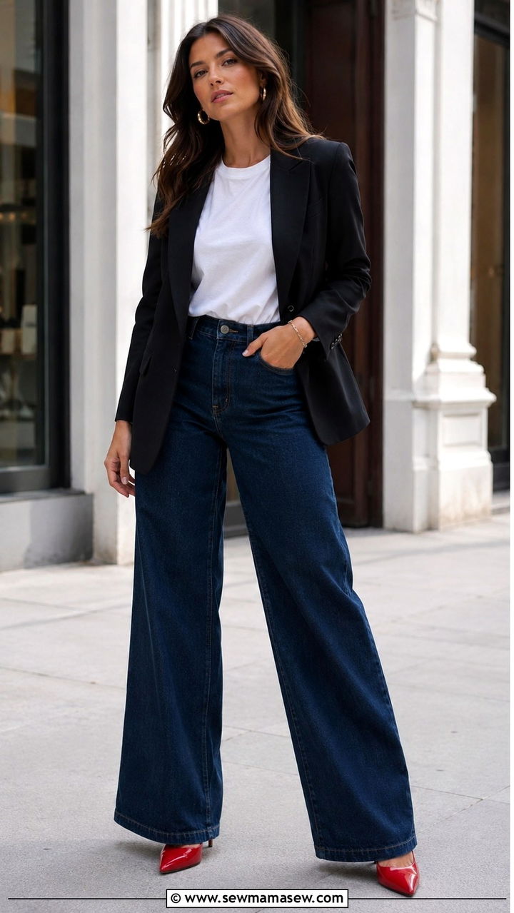 Wide Leg Jeans with Red Heels - 25 Wide leg jeans outfit ideas with heels