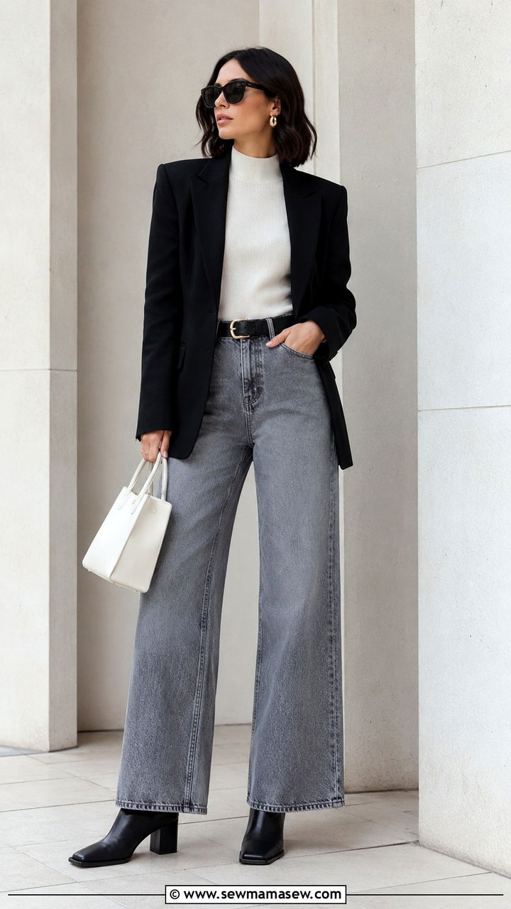 Wide Leg Jeans with Square Toe Boots - 25 Wide leg jeans outfit ideas with boots