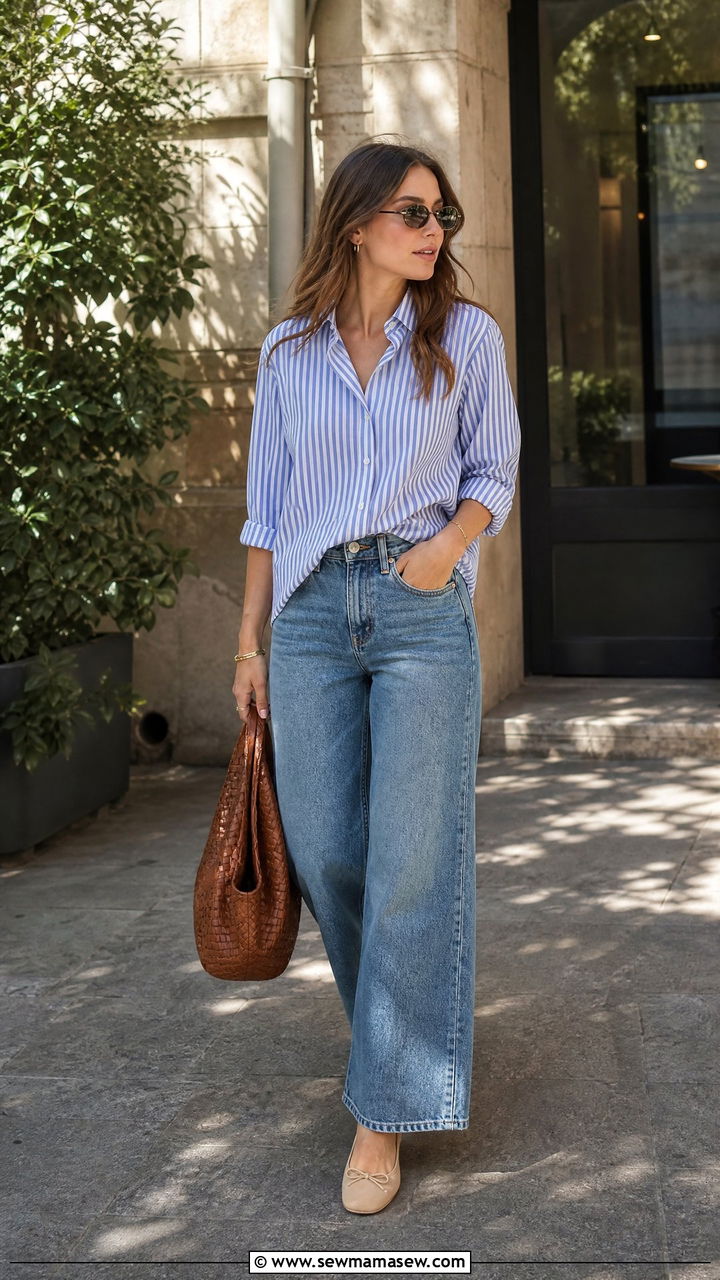 Wide Leg Jeans with Striped Button Down - 35 jeans outfits ideas