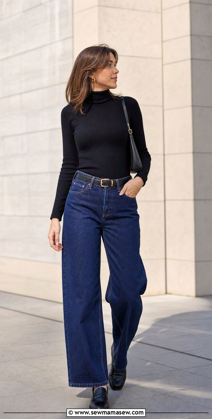 Wide Leg Jeans with Turtleneck and Loafers - 25 spring 90s outfit ideas