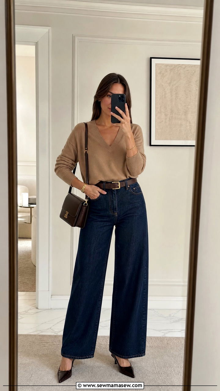 Wide Leg Jeans with a Cashmere Sweater and Slingback Heels - 30 classy wide leg jeans outfits