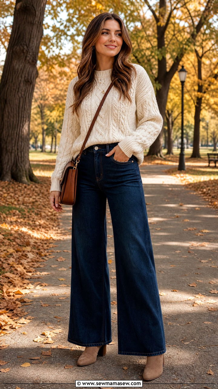 Wide Leg Jeans with a Chunky Knit Sweater and Ankle Boots - 30 classy wide leg jeans outfits