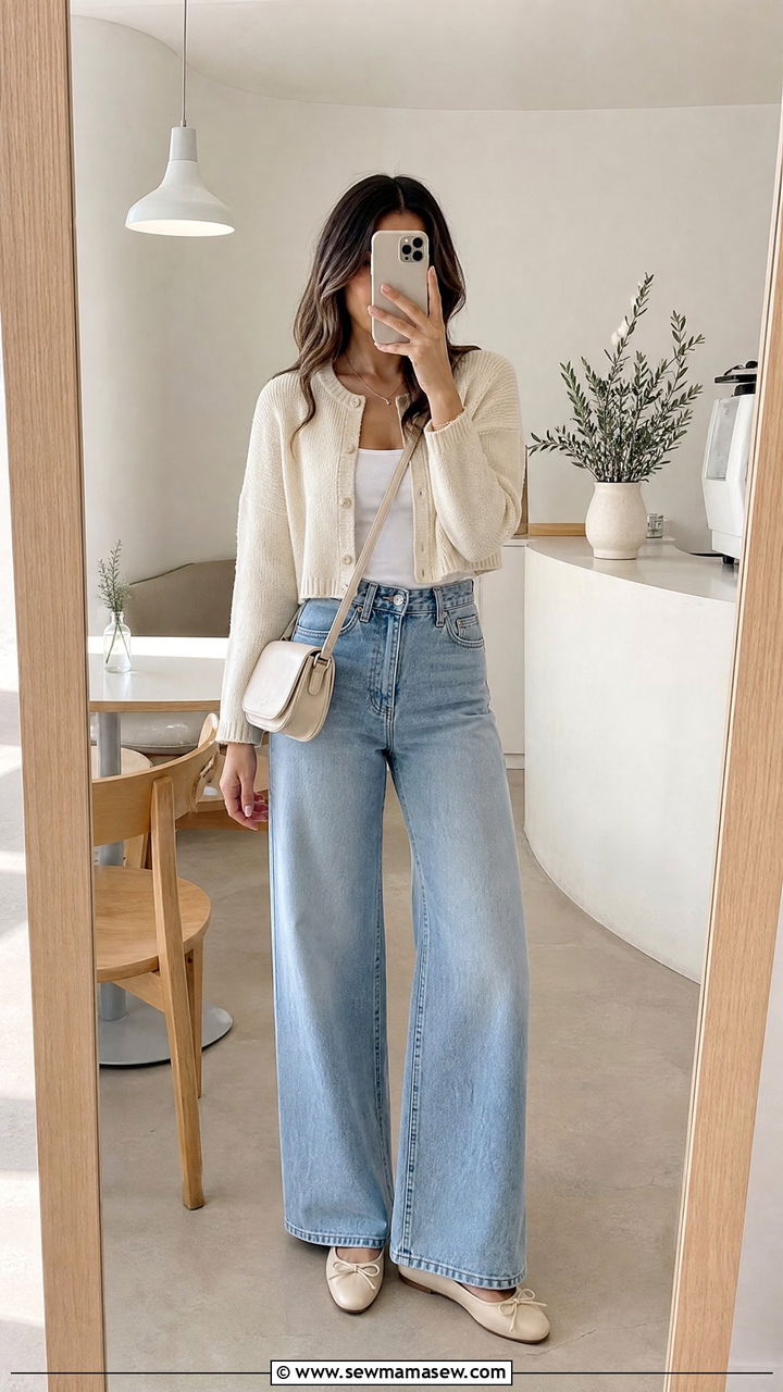 Wide Leg Jeans with a Cropped Cardigan and Ballet Flats - 30 classy wide leg jeans outfits