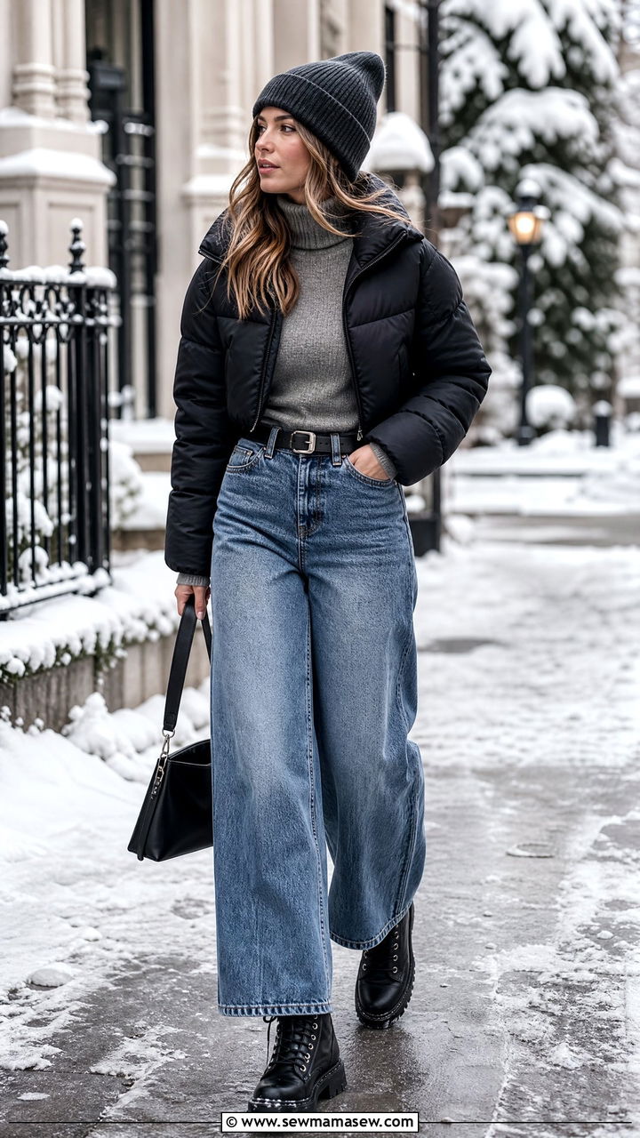 Wide Leg Jeans with a Cropped Puffer Jacket and Lug Sole Boots - 30 classy wide leg jeans outfits