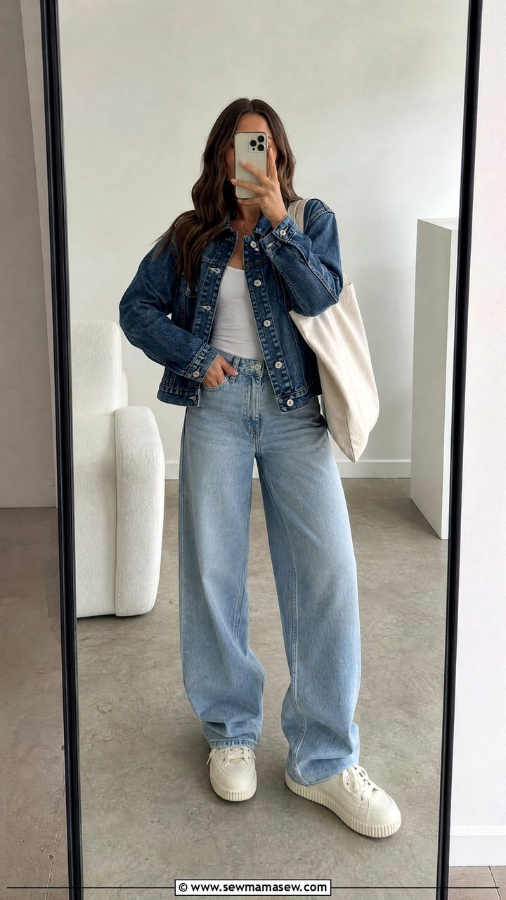 Wide Leg Jeans with a Denim Jacket and Platform Sneakers - 30 classy wide leg jeans outfits