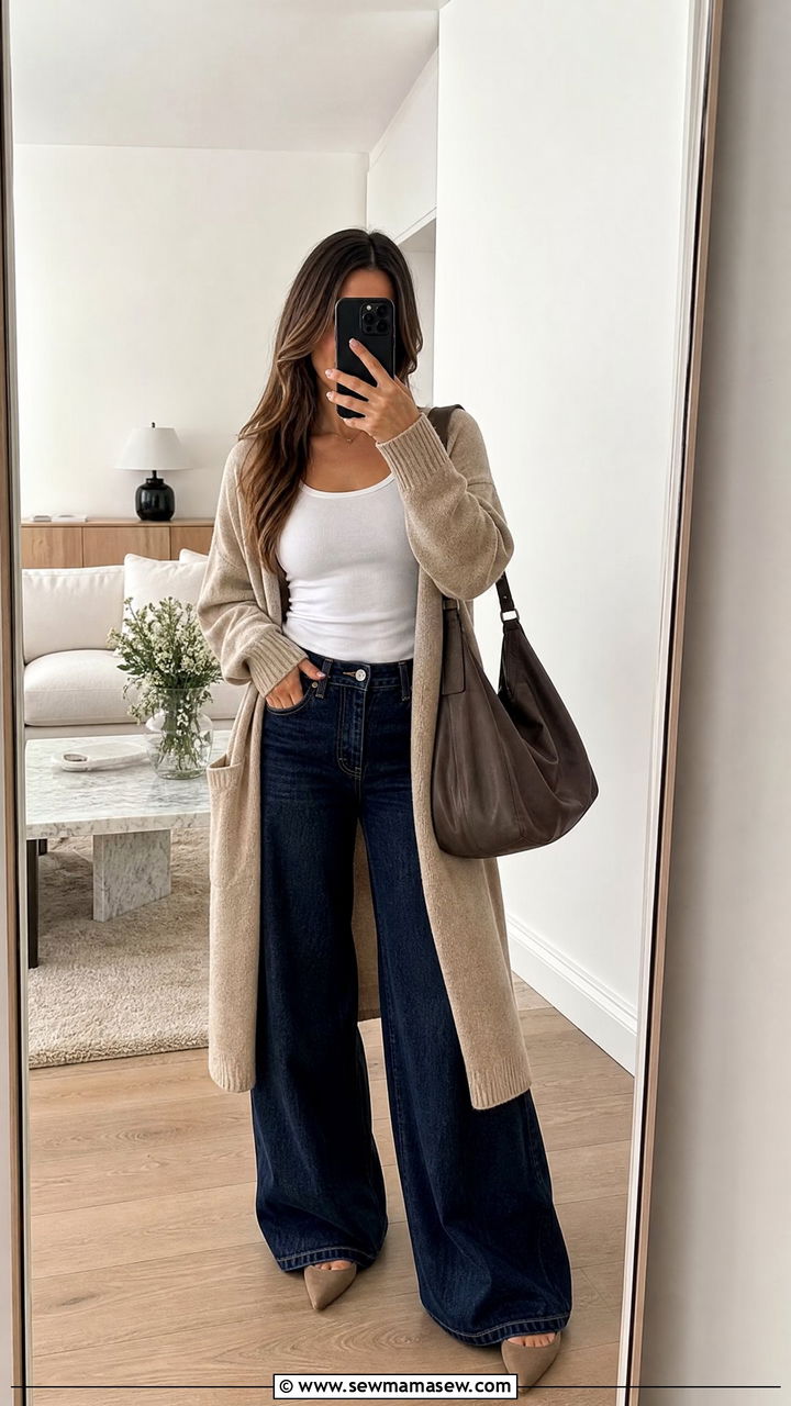 Wide Leg Jeans with a Fitted Tank and a Long Line Cardigan - 30 classy wide leg jeans outfits