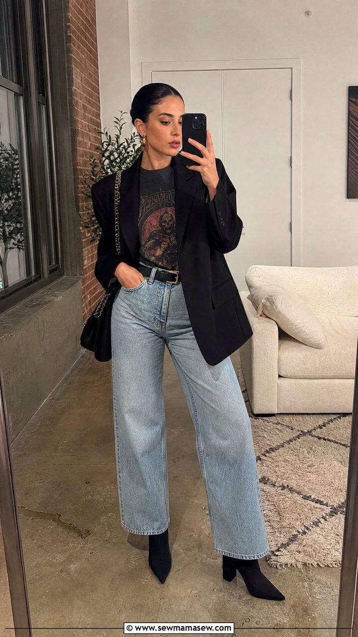 Wide Leg Jeans with a Graphic Tee and a Structured Blazer - 30 classy wide leg jeans outfits
