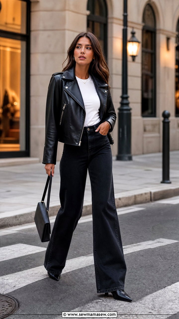 Wide Leg Jeans with a Leather Jacket and Pointed Toe Boots - 30 classy wide leg jeans outfits