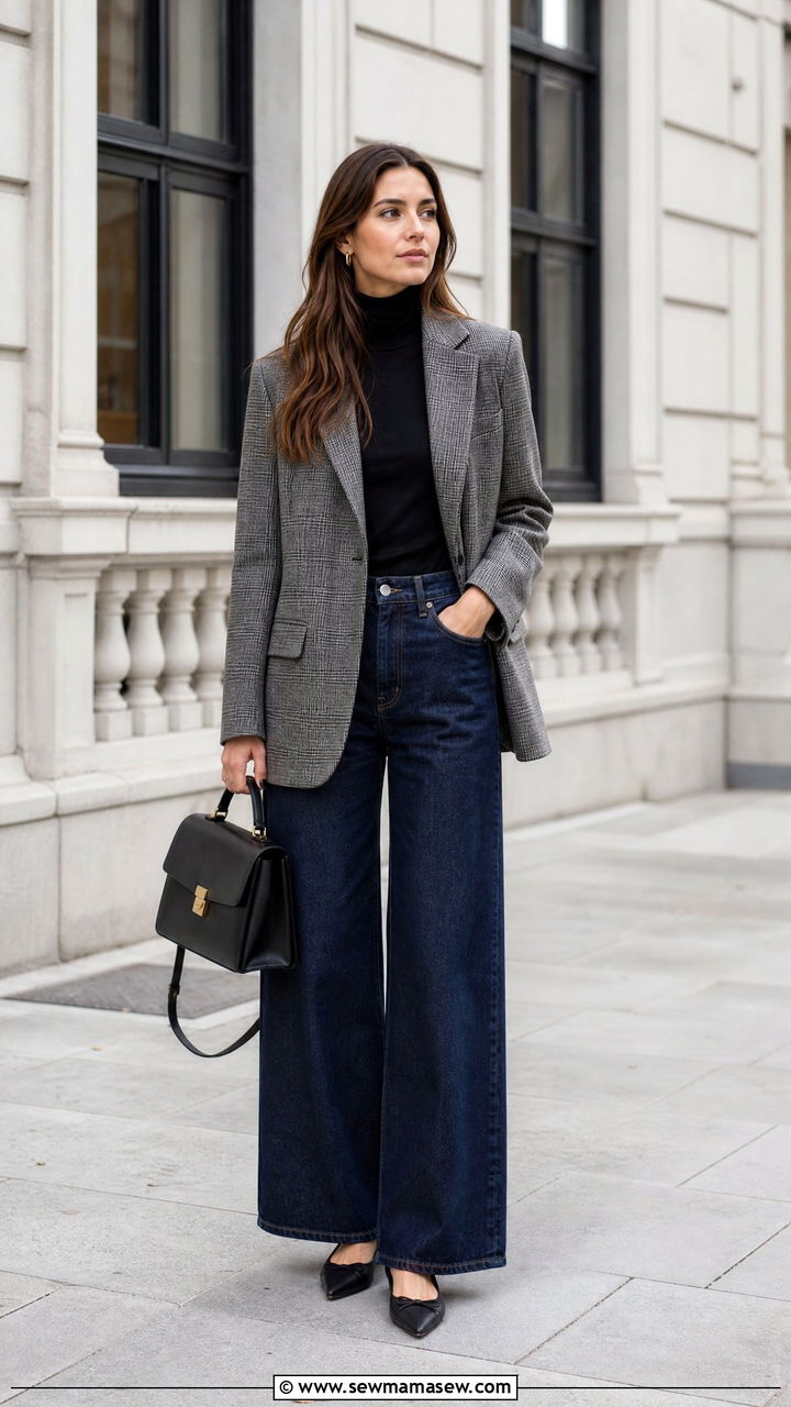Wide Leg Jeans with a Plaid Blazer and Pointed Toe Flats - 30 classy wide leg jeans outfits