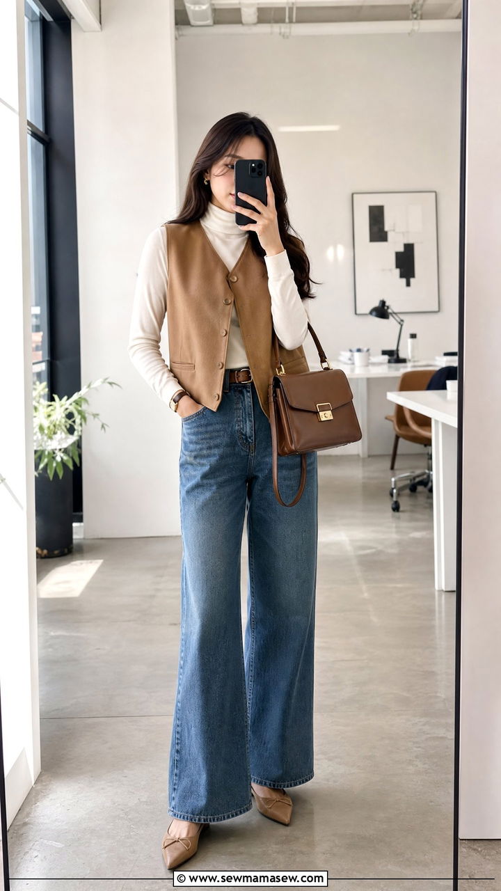 Wide Leg Jeans with a Sleeveless Vest and Pointed Toe Flats - 30 classy wide leg jeans outfits