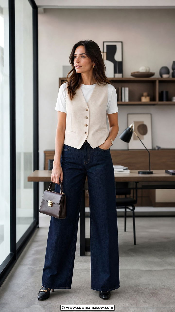 Wide Leg Jeans with a Tailored Waistcoat and Heeled Loafers - 30 classy wide leg jeans outfits
