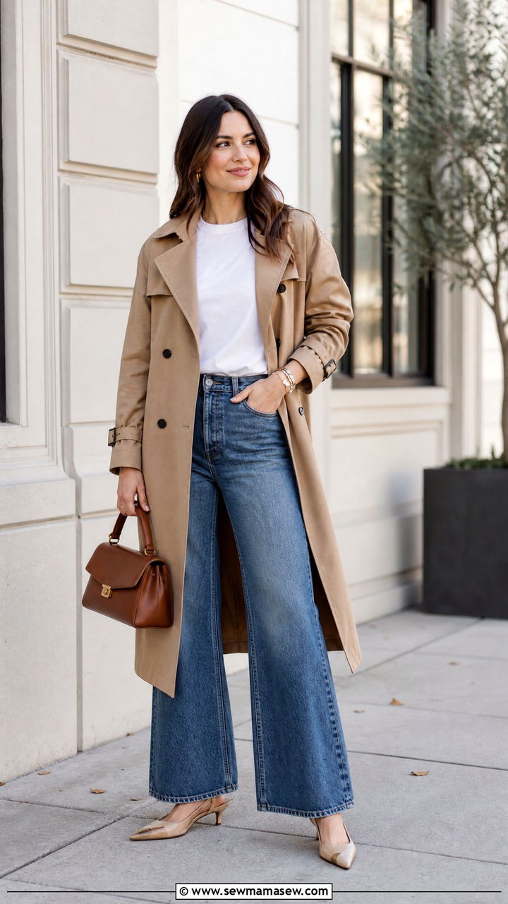 Wide Leg Jeans with a Trench Coat and Kitten Heels - 30 classy wide leg jeans outfits