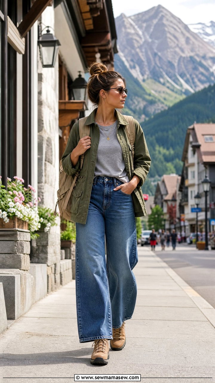 Wide Leg Jeans with a Utility Jacket and Hiking Inspired Boots - 30 classy wide leg jeans outfits