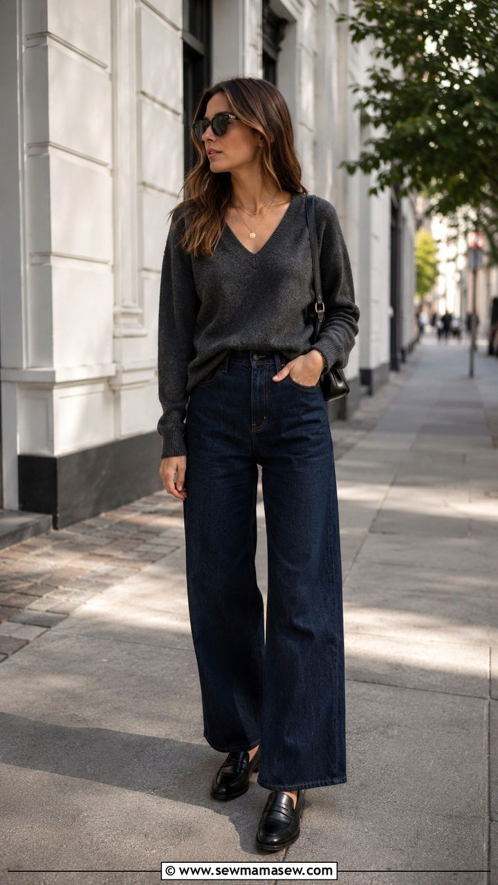 Wide Leg Jeans with a V Neck Sweater and Loafers - 30 transitional jeans outfit ideas