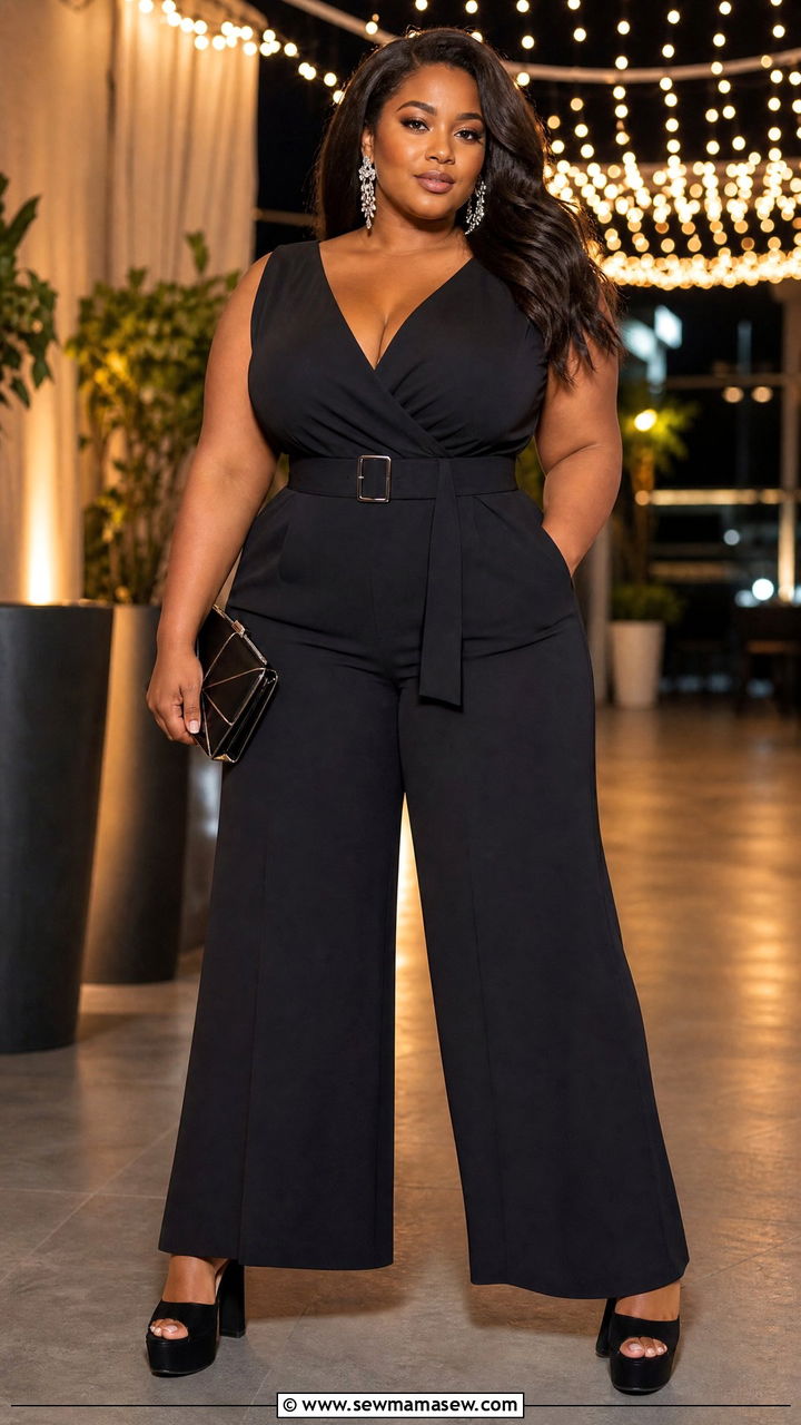 Wide Leg Jumpsuit With Belted Waist Outfit - 30 Cute outfits for curvy women