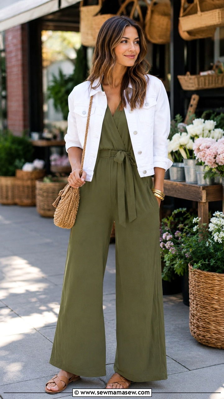 Wide Leg Jumpsuit With Cropped Denim Jacket - 30 spring outfits for women over 30