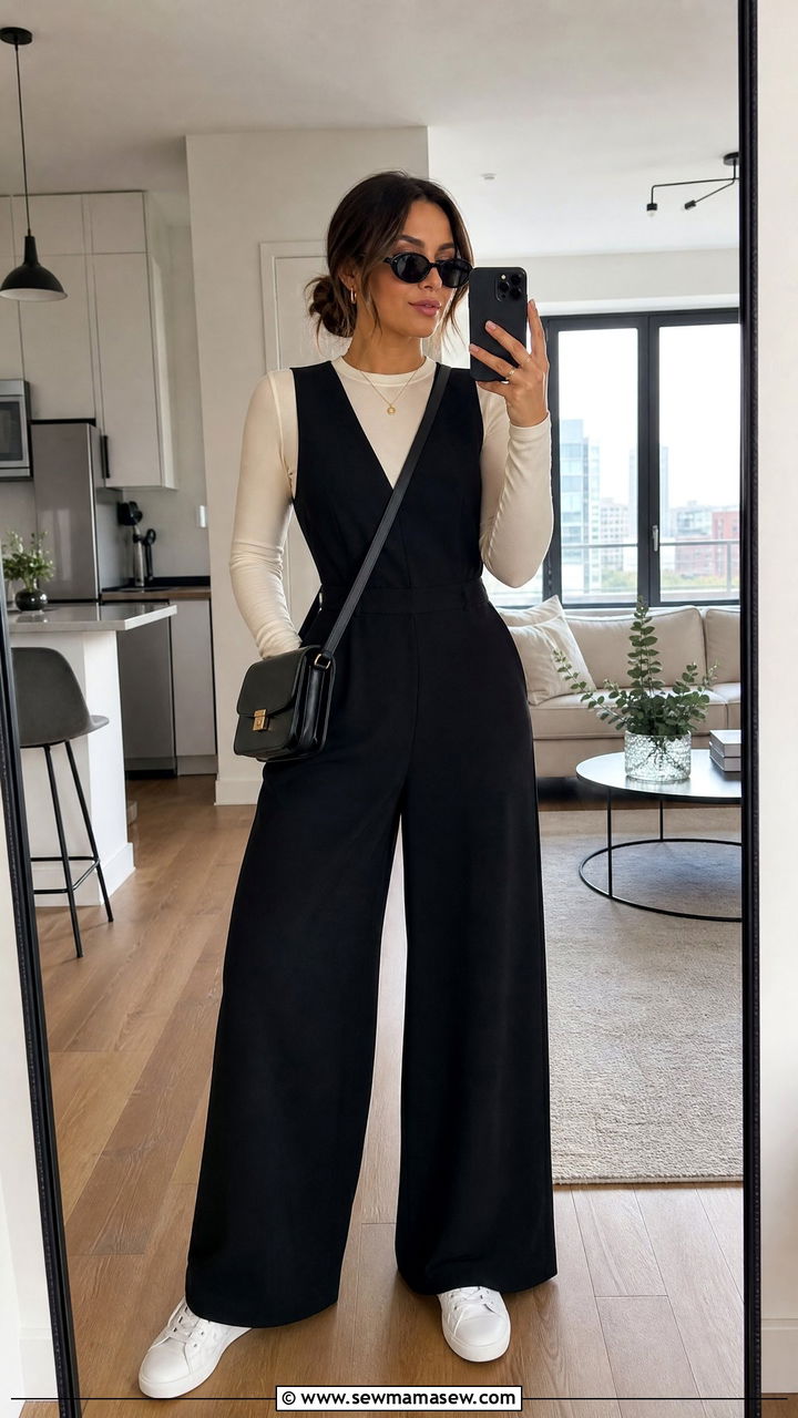 Wide Leg Jumpsuit With Fitted Long Sleeve Tee And Court Sneakers Brunch Outfit - 25 Brunch outfit ideas with sneakers