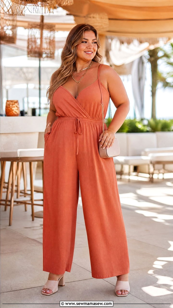 Wide Leg Jumpsuit With Heeled Mules - 30 plus size beach vacation outfit ideas