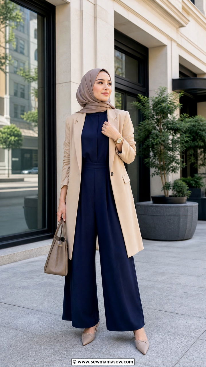 Wide Leg Jumpsuit With Longline Blazer - 30 Eid outfit ideas for hijabis