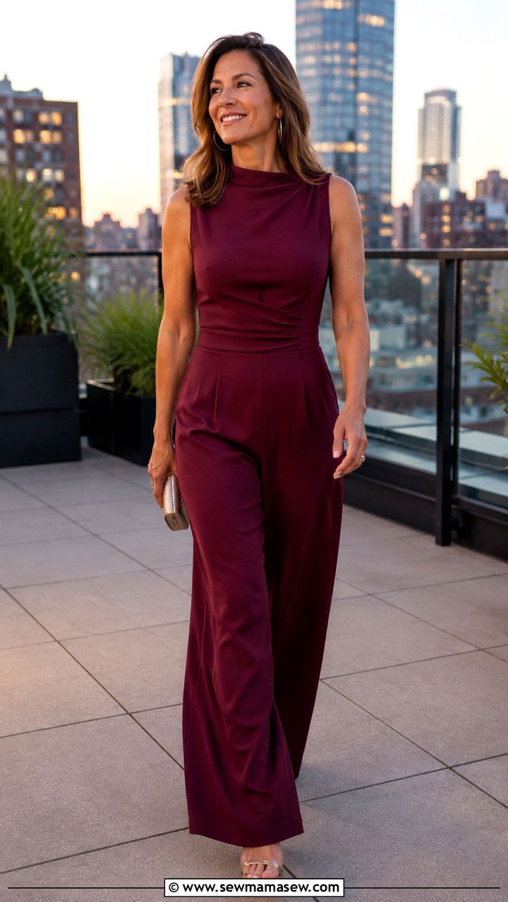 Wide Leg Jumpsuit With Metallic Clutch And Heels - 30 Party outfits for women over 40