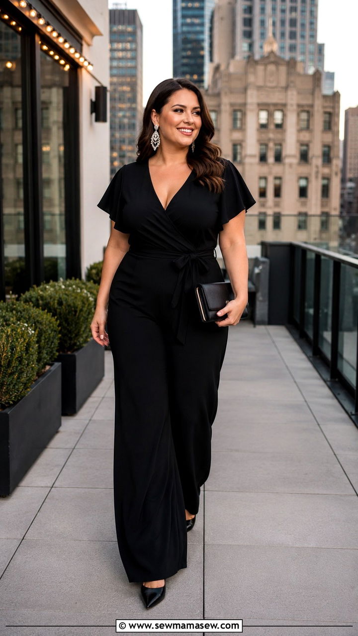 Wide Leg Jumpsuit With Statement Earrings - 25 Wedding guest outfit ideas size 14