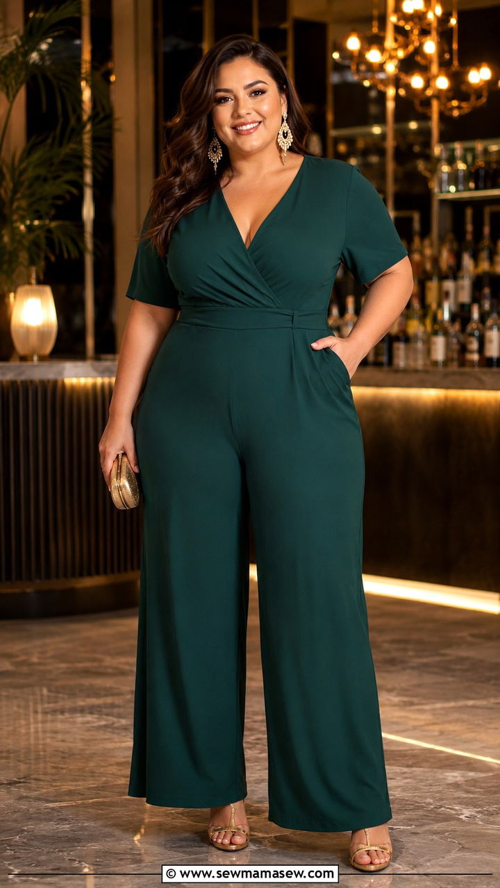 Wide Leg Jumpsuit With Statement Earrings and Sculptural Heels - 20 Plus size outfit ideas size 18